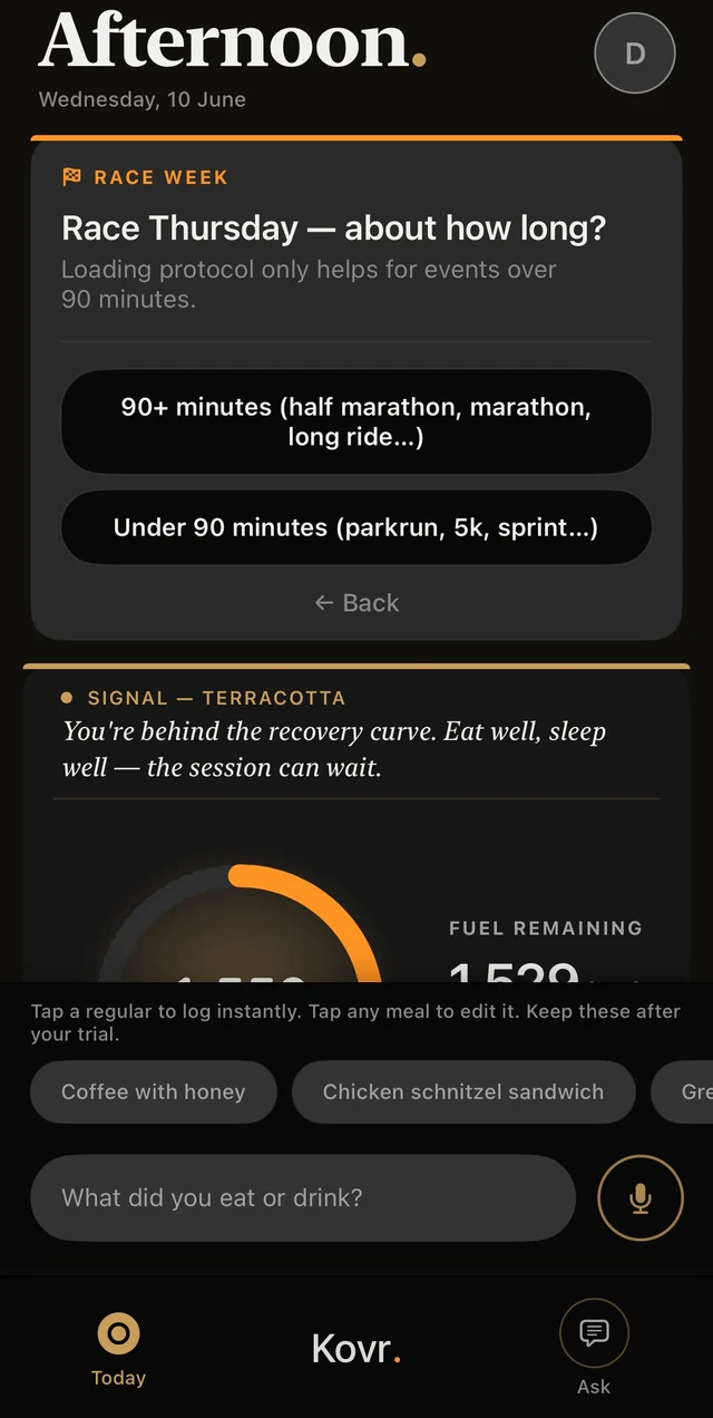 Kovr&rsquo;s race-week prompt: Race Thursday &mdash; about how long? Loading protocol only helps for events over 90 minutes, with options for 90-plus minutes or under 90 minutes.
