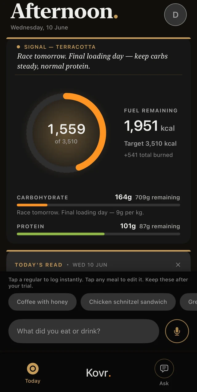Kovr Today screen on the final loading day before a race: the Signal reads terracotta with a note to keep carbs steady and protein normal, a raised target of 3,510 kcal, and carbohydrate set to 9 grams per kilogram.