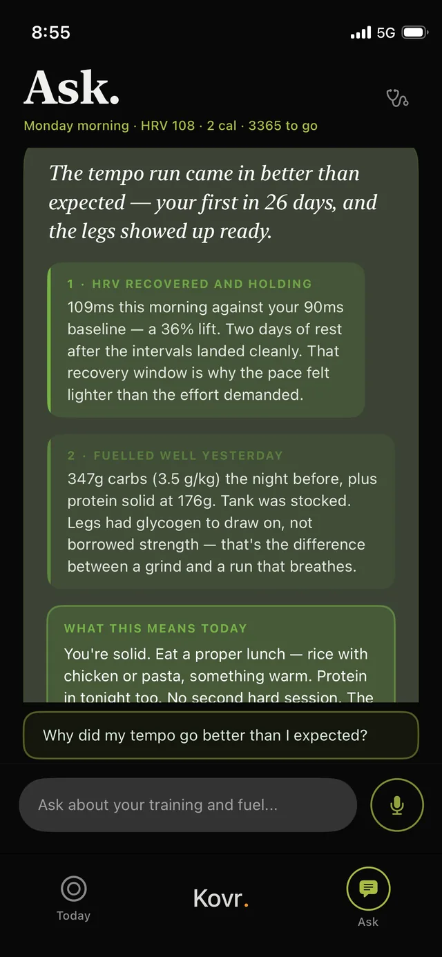 Kovr Ask view explaining why the tempo run went better than expected. HRV recovered and holding at 109ms against a 90ms baseline, a 36% lift after two rest days. Fuelled well yesterday with 347g carbs and 176g protein. What this means today: eat a proper lunch, protein tonight, no second hard session.